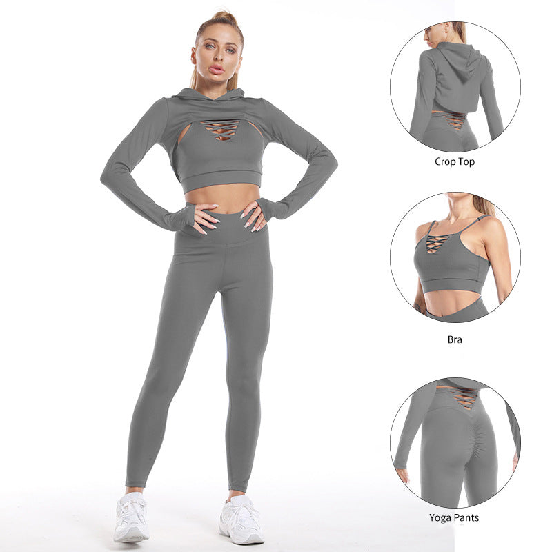 3-teiliges Sportoutfit mit High Waist Leggins, Kapuzen Langarmshirt und Sport-BH