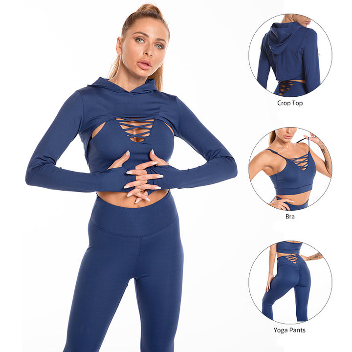 3-teiliges Sportoutfit mit High Waist Leggins, Kapuzen Langarmshirt und Sport-BH