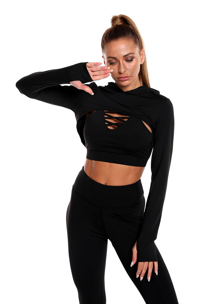 3-teiliges Sportoutfit mit High Waist Leggins, Kapuzen Langarmshirt und Sport-BH