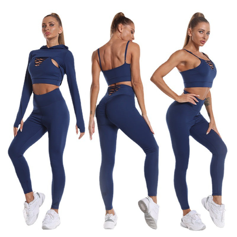 3-teiliges Sportoutfit mit High Waist Leggins, Kapuzen Langarmshirt und Sport-BH